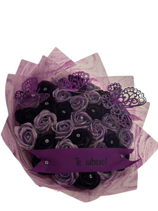 Buchet 35 de trandafiri din sapun marsalla inchis si lavanda [1]