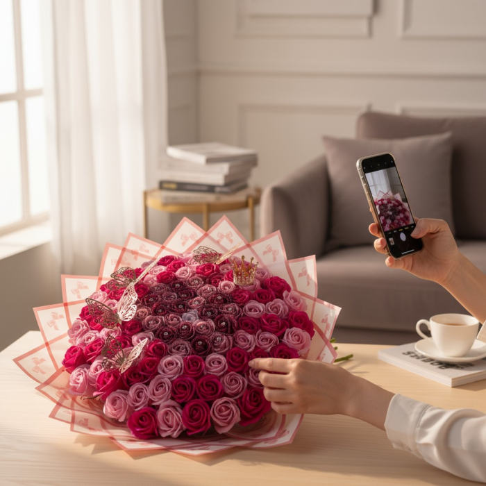 Buchet cu 101 trandafiri ciclam si roz deschis [2]