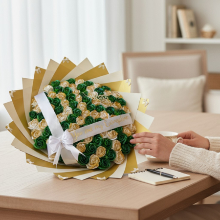 Buchet 101 trandafiri din sapun verde cu alb [1]