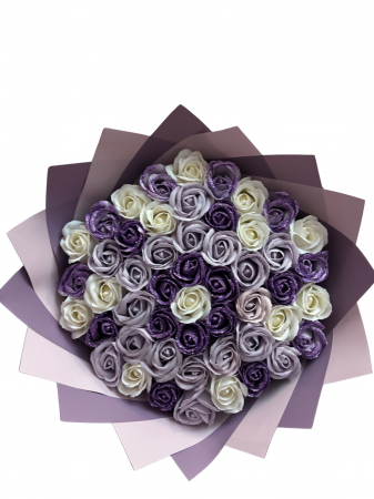 Produse - Buchet 51 trandafiri din sapun alb,mauve si lavanda