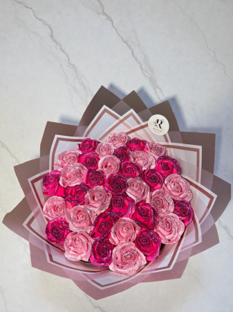 Toată colecția de buchete - Buchet cu 35 de trandafiri de sapun ciclam si roz deschis cu sclipici