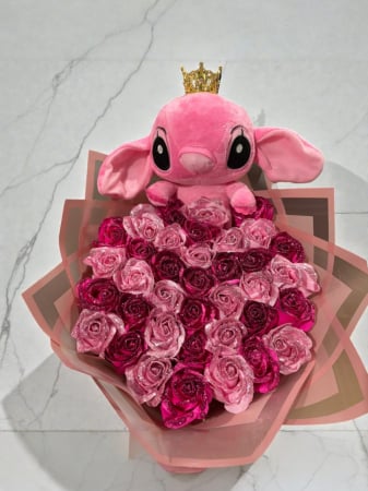 Toată colecția de buchete - Buchet cu 37 de trandafiri de sapun ciclam si roz deschis cu sclipici
