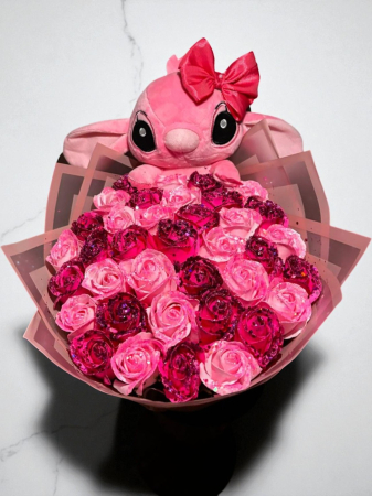 Buchete 37 de trandafiri - Buchet cu 37 de trandafiri de sapun ciclam si roz deschis cu sclipici