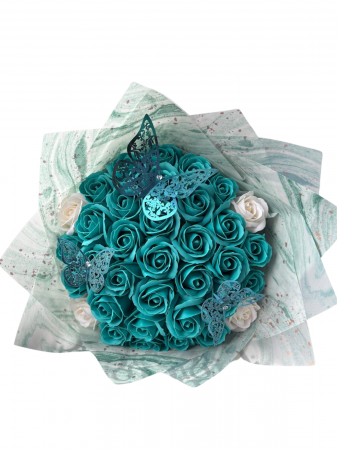 Buchete 37 de trandafiri - Buchet cu 37 de trandafiri de sapun turcoaz si alb