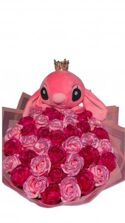 Buchete 37 de trandafiri - Buchet cu 37 de trandafiri de sapun ciclam si roz deschis cu sclipici