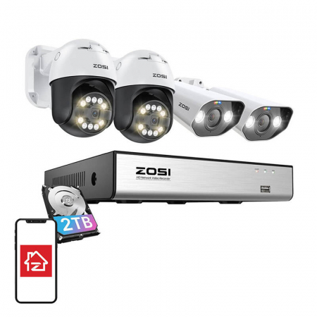 Supraveghere Video Acasa - IP Camera ZOSI 2 pcs C296 WiFi 5MP and 2 pcs C182 WiFi 8MP + NVR 8ch + 2TB HDD