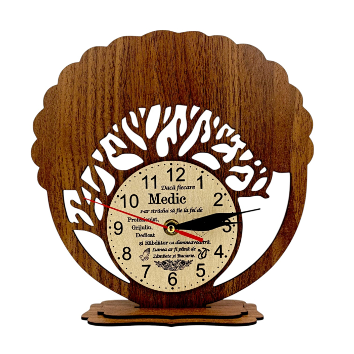Blank, decoratiune Copac cu ceas din lemn pentru Profesori/Doctori/Sefi, cu mesaj gravat - Nuc [1]