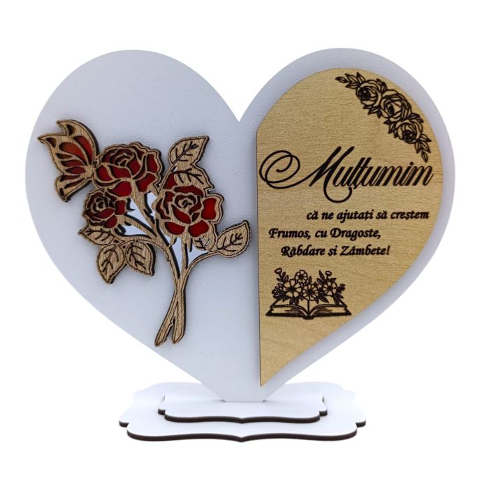 Cadou personalizat pentru Profesori - inima cu trandafiri si mesaj personalizat – 15 cm - Alb [1]