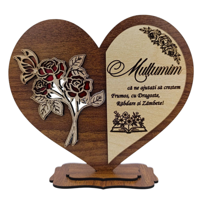 Cadou personalizat pentru Profesori - inima cu trandafiri si mesaj personalizat – 15 cm - Nuc [1]