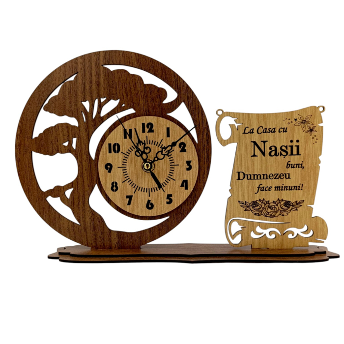 Ceas din Lemn Personalizat – Cadou  pentru Nași, Nuntă sau Fini, Nuc - 30x20cm [1]