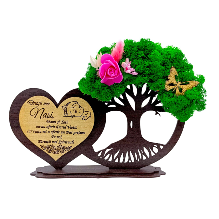 Decoratiune inima copac cu licheni, cadou personalizat cu mesaj pentru Nasi/Botez, 30x18 cm [1]