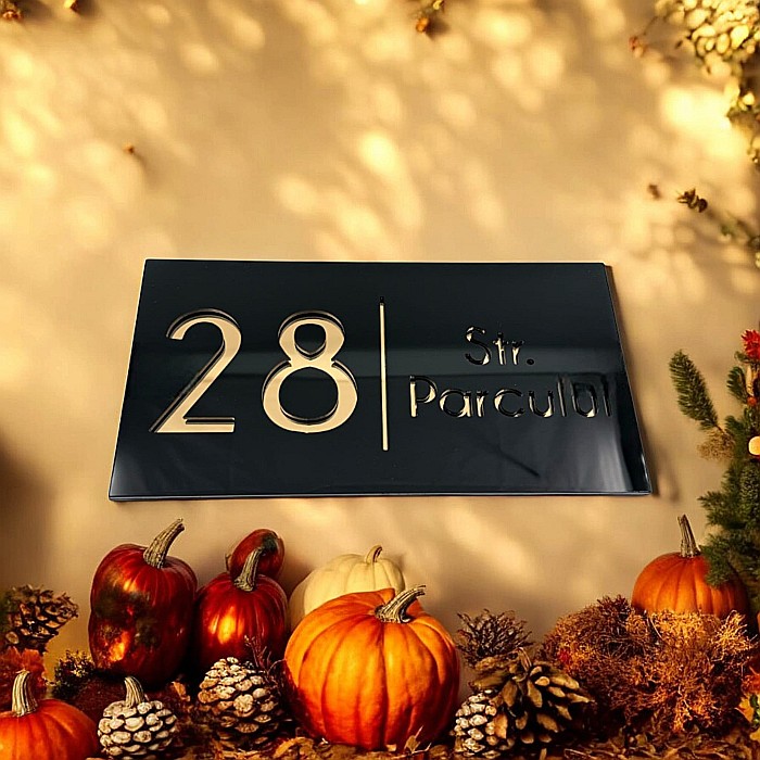 Numar Casa personalizabil, placheta numar si strada negru lucios si auriu oglinda 25x15cm [1]