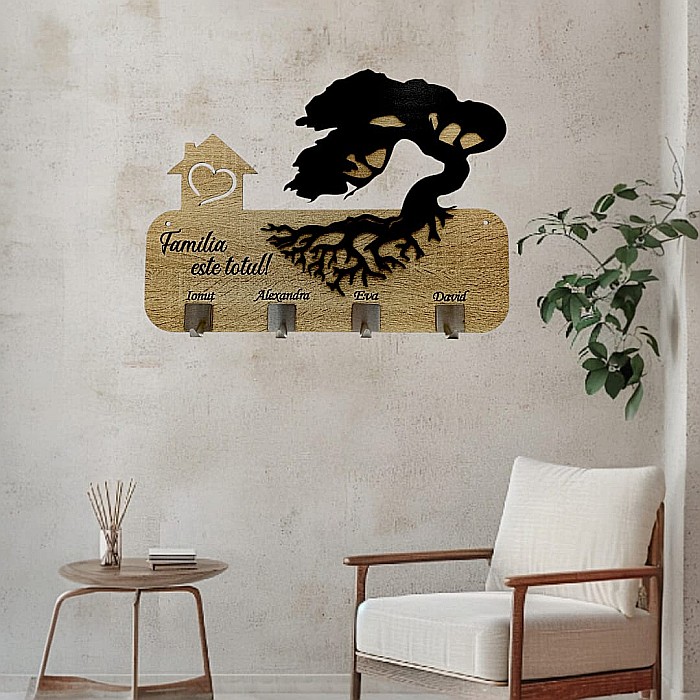 Cadou personalizat, cuier decorativ cu copac pentru perete cu mesaj standard "Familia este totul!" [1]