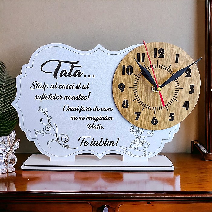 Tablou cu ceas personalizat cu mesaj standard pentru Tata, "Tata stalp al casei...", dimensiune 30x20cm, cadran maro [1]