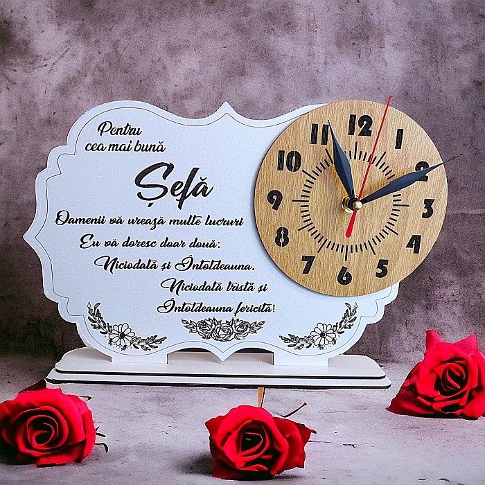 Tablou ceas personalizat cu mesaj standard pentru Sefa, dimensiune 30x20cm, cadran maro , model 2 [1]