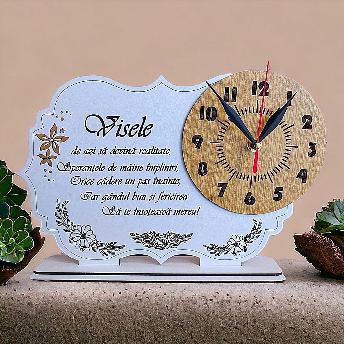 Tablou ceas personalizat cu mesaj standard pentru persoanele dragi, "Visele de azi..." dimensiune 30x20cm, cadran maro [1]