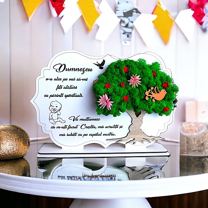 Tablou copac cu licheni stabilizati, personalizat cu mesaj standard, cadou pentru nasii de botez, dimensiune 30x20cm [1]
