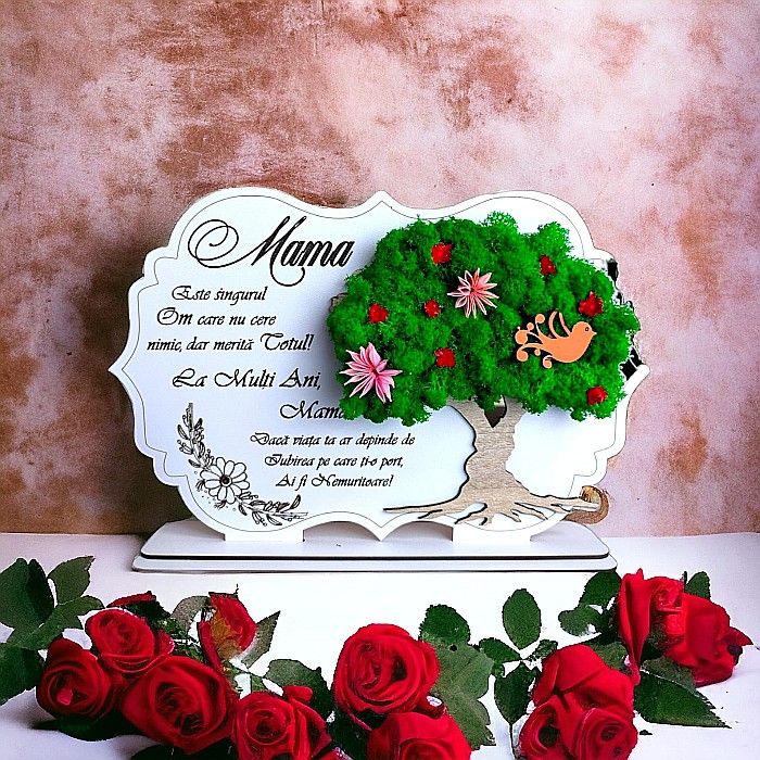 Tablou copac cu licheni stabilizati, personalizat cu mesaj standard pentru mama, dimensiune 30x20cm [1]