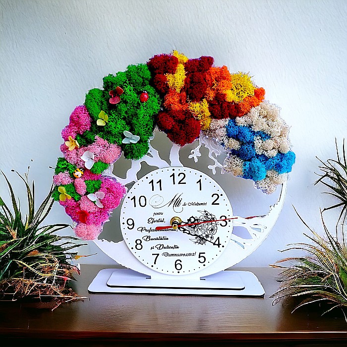 Ceas decorativ copacul vietii, personalizat cu mesaj standard pentru profesor, doctor, învatator,"Mii de multumiri", decorat cu licheni stabilizati si flori decorative naturale, alb, 25cm [1]