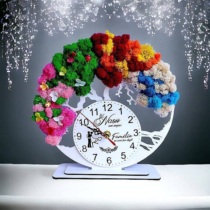 Ceas decorativ copacul vietii, personalizat cu mesaj standard pentru Nasi, decorat cu licheni stabilizati si flori decorative naturale, alb, 25cm [1]