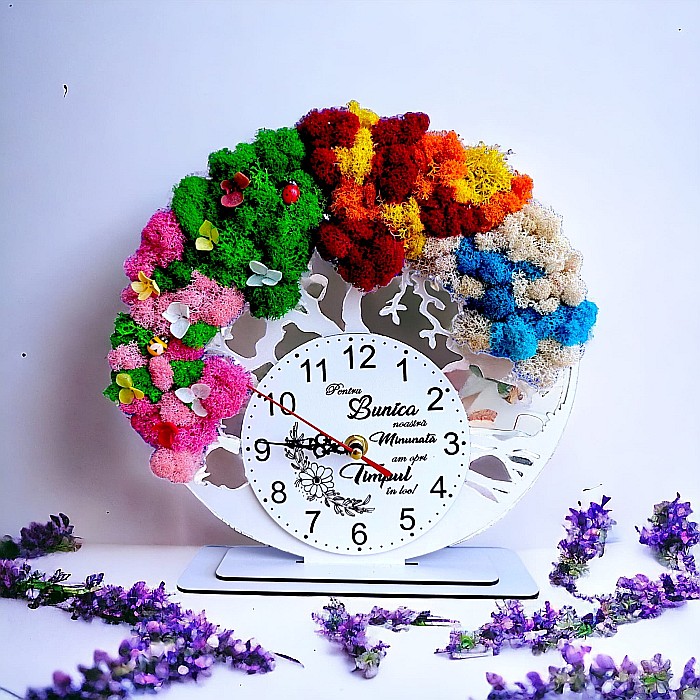 Ceas decorativ copacul vietii, personalizat cu mesaj standard pentru Bunica, decorat cu licheni stabilizati si flori decorative naturale, alb, 25cm [1]