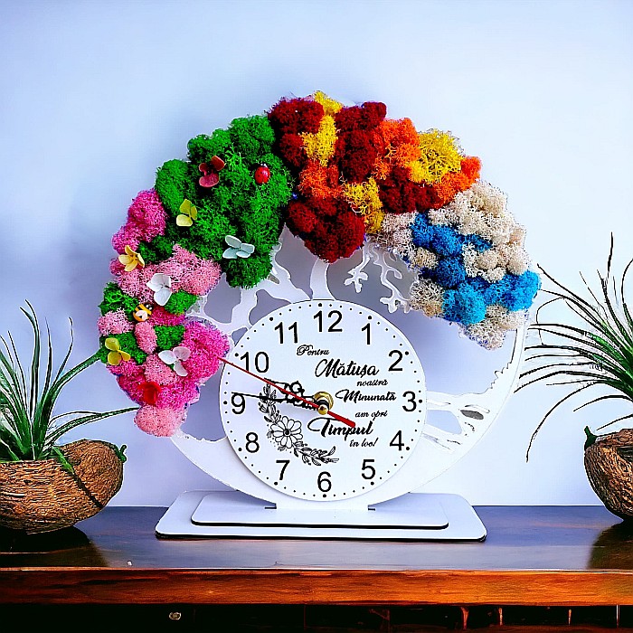 Ceas decorativ copacul vietii, personalizat cu mesaj standard pentru Matusa, decorat cu licheni stabilizati si flori decorative naturale, alb, 25cm [1]