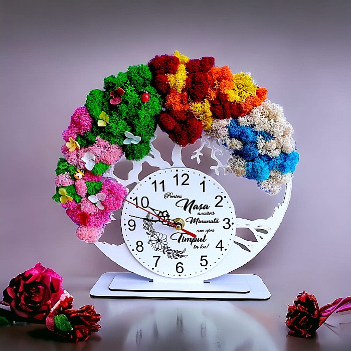 Ceas decorativ copacul vietii, personalizat cu mesaj standard pentru Nasa, decorat cu licheni stabilizati si flori decorative naturale, alb, 25cm [1]