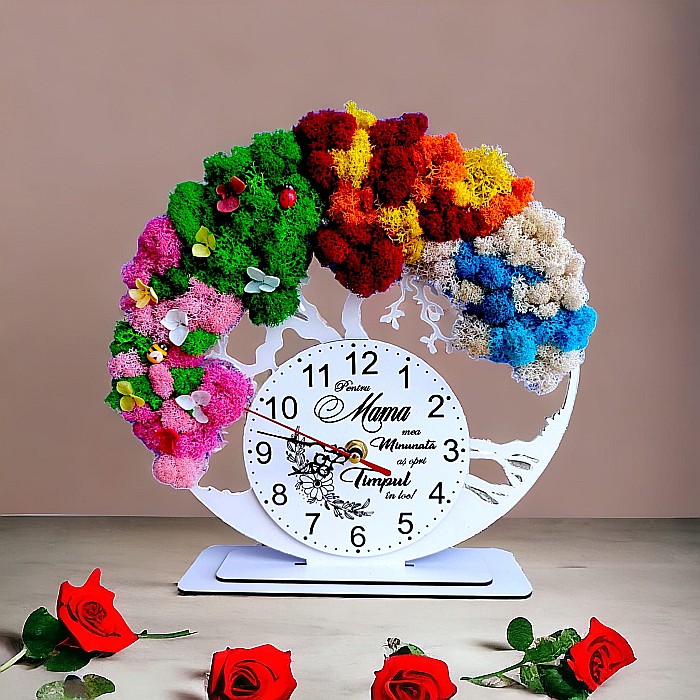 Ceas decorativ copacul vietii, personalizat cu mesaj standard pentru Mama, decorat cu licheni stabilizati si flori decorative naturale, alb, 25cm [1]