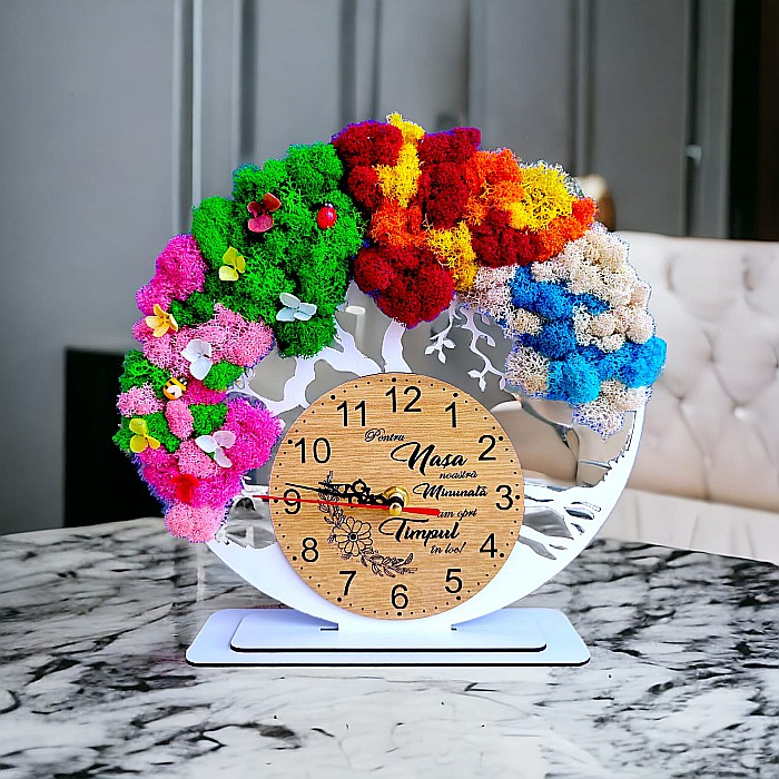 Ceas decorativ copacul vietii, personalizat cu mesaj standard pentru Nasa, decorat cu licheni stabilizati si flori decorative naturale, alb, 25cm [2]