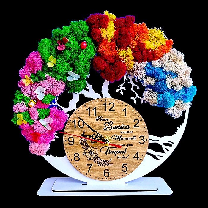 Ceas decorativ copacul vietii, personalizat cu mesaj standard pentru Bunica, decorat cu licheni stabilizati si flori decorative naturale, alb, 25cm [2]