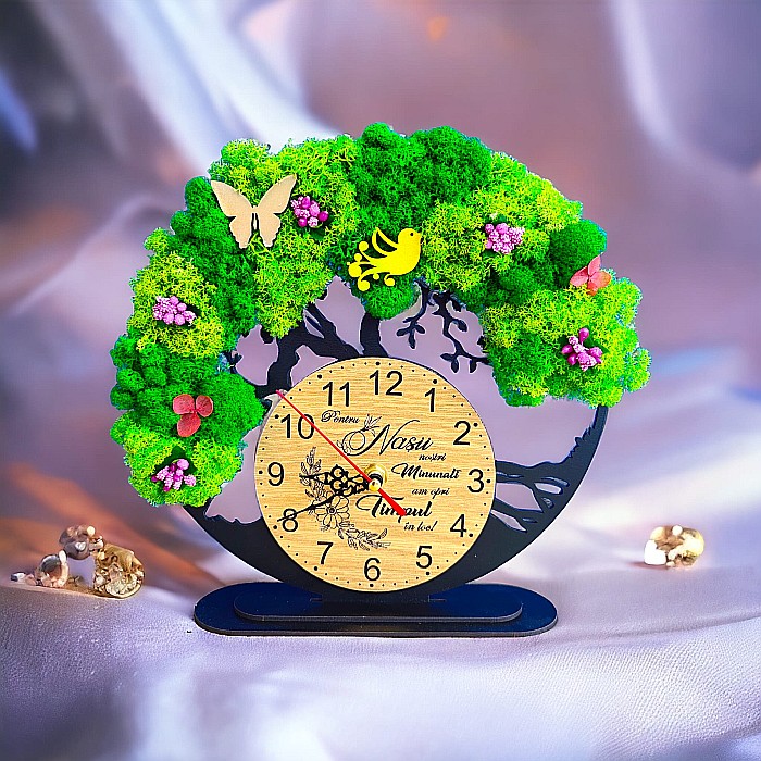 Ceas decorativ copacul vietii, personalizat cu mesaj standard pentru nasi, decorat cu licheni stabilizati si flori decorative naturale, negru, 25cm [1]