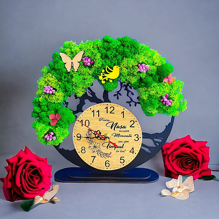 Ceas decorativ copacul vietii, personalizat cu mesaj standard pentru Nasa, decorat cu licheni stabilizati si flori decorative naturale, negru, 25cm [2]