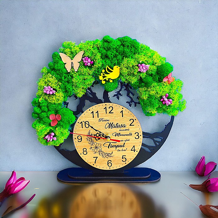 Ceas decorativ copacul vietii, personalizat cu mesaj standard pentru bunici, decorat cu licheni stabilizati si flori decorative naturale, negru, 25cm [2]