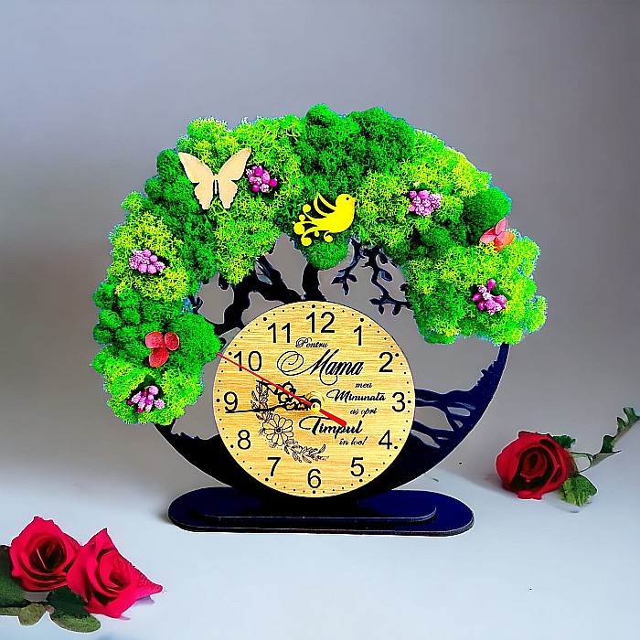 Ceas decorativ copacul vietii, personalizat cu mesaj standard pentru profesor, învatator, doctor,"Mii de multumiri", decorat cu licheni stabilizati si flori decorative naturale, negru, 25cm [2]