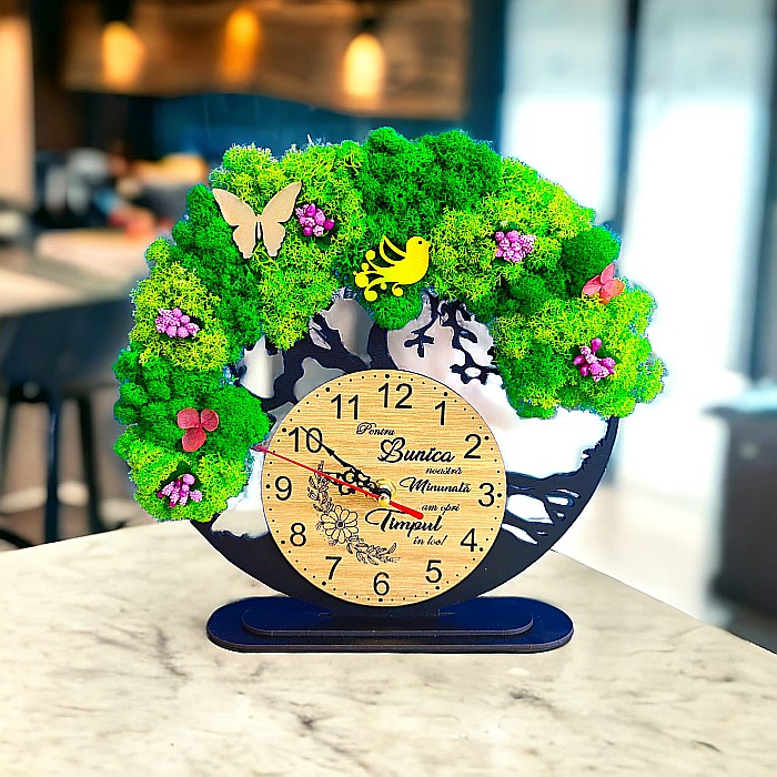 Ceas decorativ copacul vietii, personalizat cu mesaj standard pentru Bunica, decorat cu licheni stabilizati si flori decorative naturale, negru, 25cm - Copie [2]