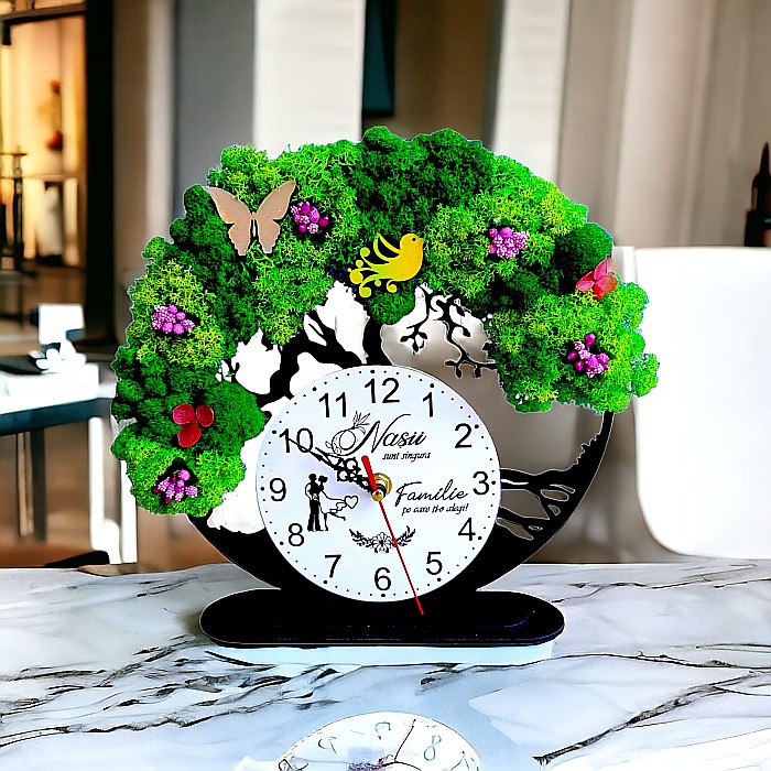 Cadou personalizat, Ceas decorativ copacul vietii cu mesaj standard pentru Profesori/Doctori, decorat cu licheni stabilizati si flori decorative naturale, wenge [2]