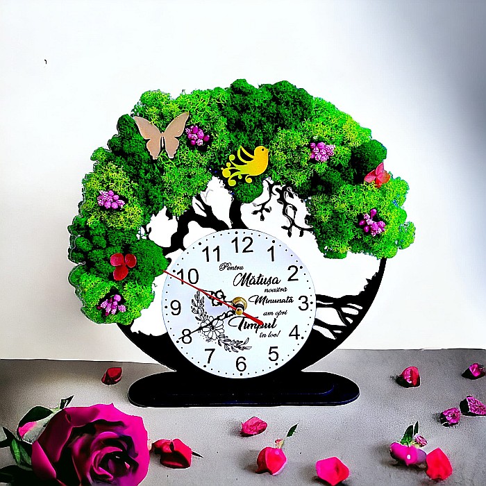 Ceas decorativ copacul vietii, personalizat cu mesaj standard pentru Matusa, decorat cu licheni stabilizati si flori decorative naturale, negru, 25cm [1]