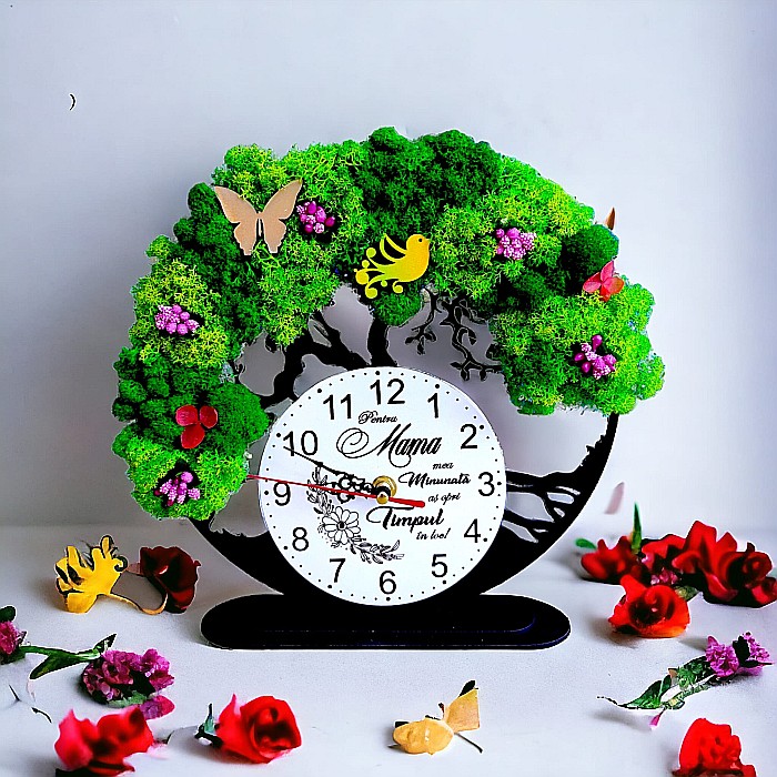 Ceas decorativ copacul vietii, personalizat cu mesaj standard pentru Mama, decorat cu licheni stabilizati si flori decorative naturale, negru, 25cm [2]