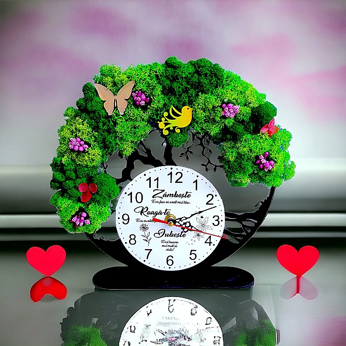 Ceas decorativ copacul vietii, personalizat cu mesaj standard "Zambeste, Roaga-te, Iubeste" decorat cu licheni stabilizati si flori decorative naturale, negru, 25cm [1]