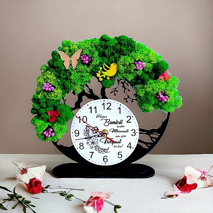 Ceas decorativ copacul vietii, personalizat cu mesaj standard pentru bunici, decorat cu licheni stabilizati si flori decorative naturale, negru, 25cm [1]