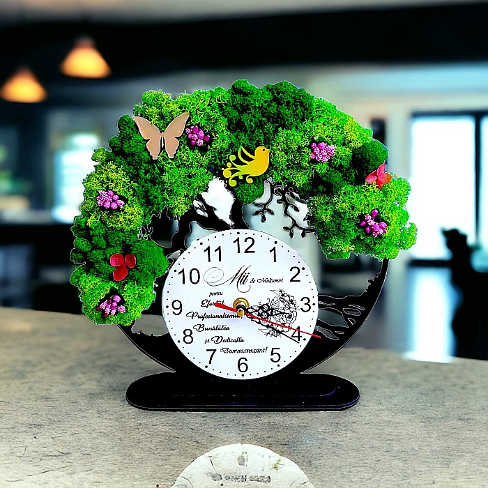 Ceas decorativ copacul vietii, personalizat cu mesaj standard pentru profesor, învatator, doctor,"Mii de multumiri", decorat cu licheni stabilizati si flori decorative naturale, negru, 25cm [1]