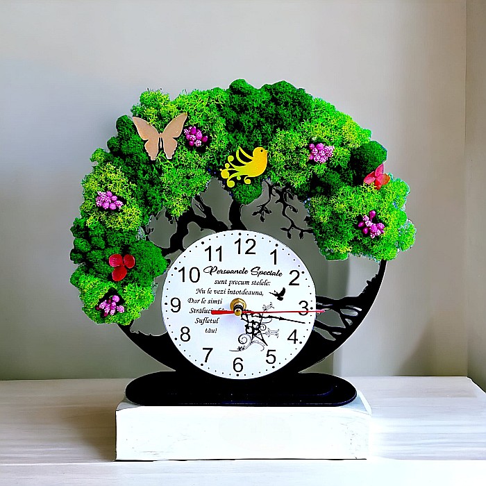Ceas decorativ copacul vietii, personalizat cu mesaj standard pentru Persoanele Speciale, decorat cu licheni stabilizati si flori decorative naturale, negru, 25cm [1]