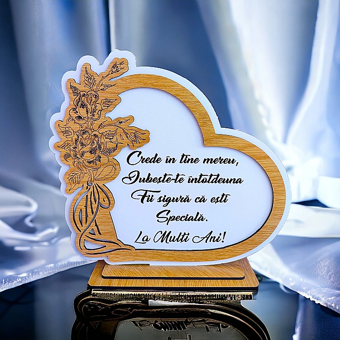 Decoratiune tablou inima personalizata cu mesaj standard, cadou pentru sotie, iubita, prietena, "La multi ani!",baza cu suport din lemn, 22x20cm [1]