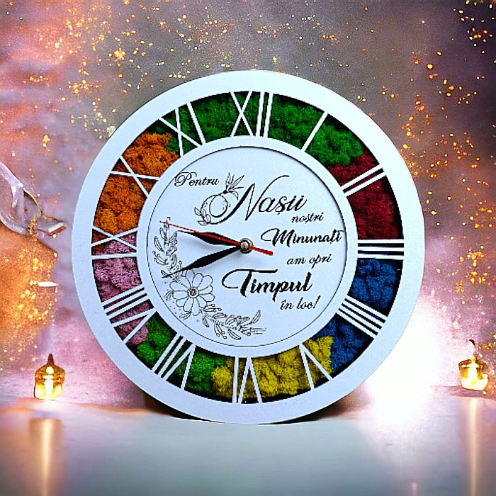 Ceas de perete tip caseta decorata cu licheni naturali stabilizati, cadou personalizat pentru nasi, "Pentru Nasii nostri Minunati....!", alb [1]