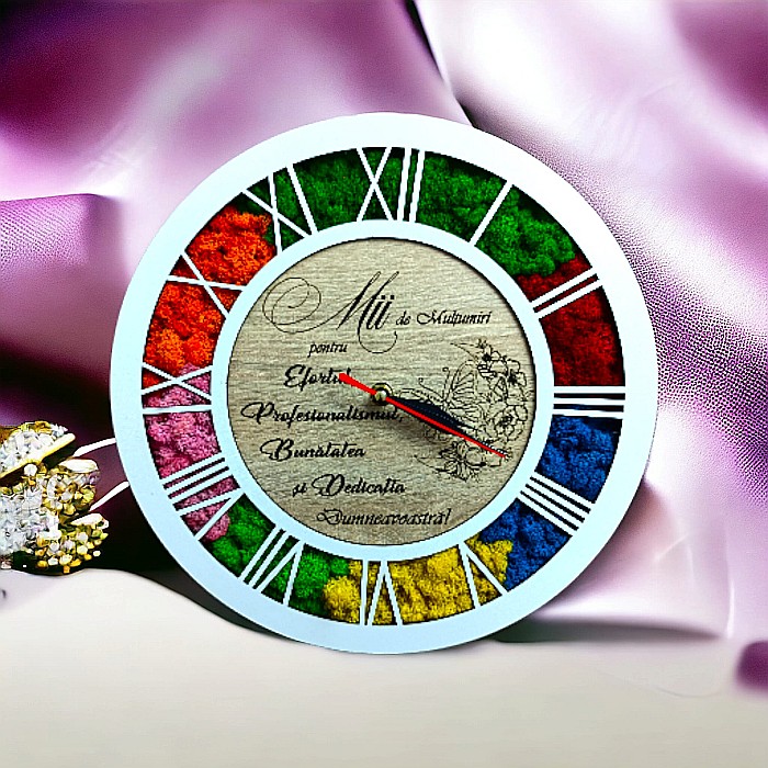 Ceas de perete tip caseta decorata cu licheni naturali stabilizati, cadou personalizat, "Mii de multumiri", cadran maro, Alb [1]