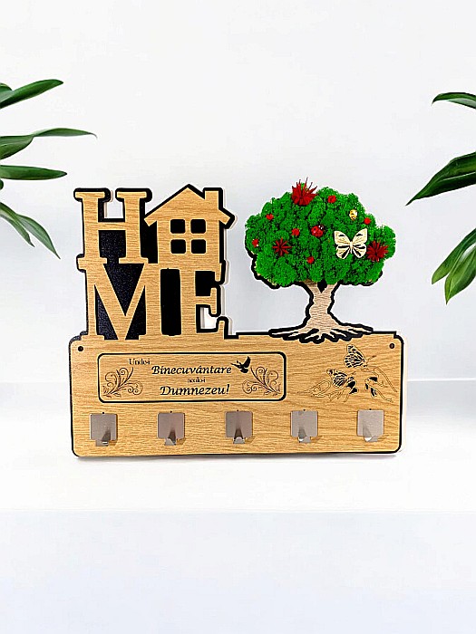 Suport pentru chei, personalizat pentru familie, "Unde-i Binecuvantare acolo-i Dumnezeu", decorat cu licheni stabilizati naturali, 38x30cm, Maro [1]