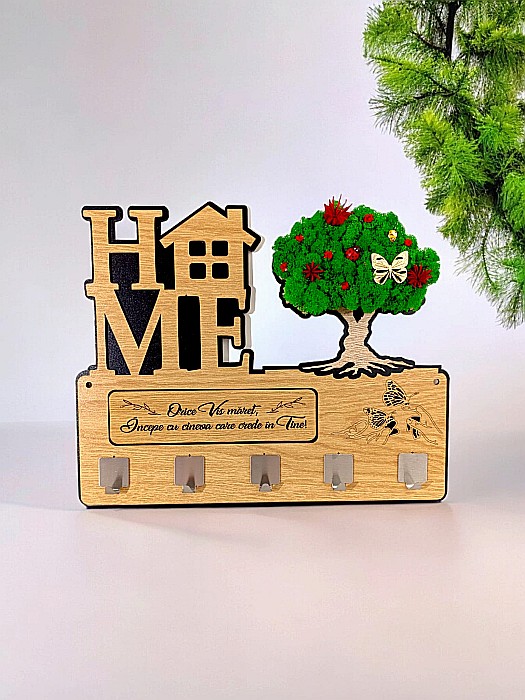 Suport pentru chei, personalizat cu mesaj standard, decorat cu licheni stabilizati, cadou, "Orice vis maret...", decorat cu licheni stabilizati naturali, 38x30cm, Maro [1]