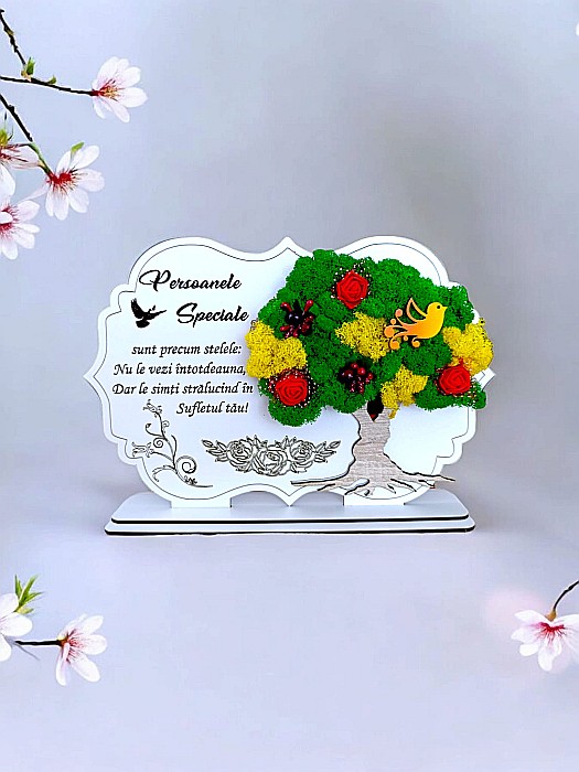 Tablou copac cu licheni stabilizati, personalizat cu mesaj standard, cadou pentru "Persoanele speciale", dimensiune 30x20cm [1]