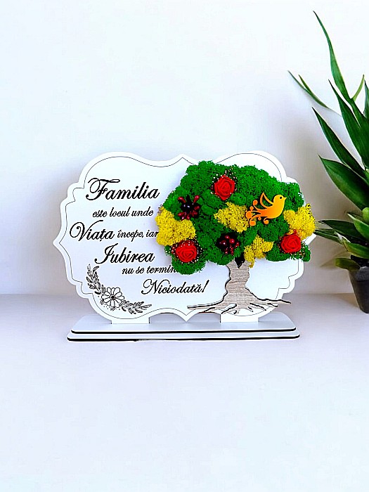 Tablou copac cu licheni stabilizati, personalizat cu mesaj standard, cadou pentru Familie, dimensiune 30x20cm [1]
