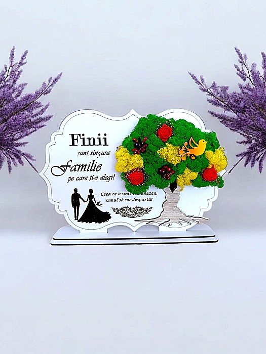 Tablou copac cu licheni stabilizati, personalizat cu mesaj standard, cadou pentru Fini, dimensiune 30x20cm [1]